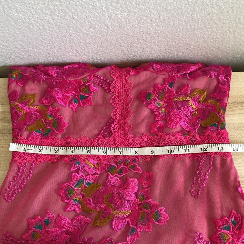 Bronx and Banco Hot Pink Lace Appliqué Asymmetric Midi Dress - Picture 15 of 16